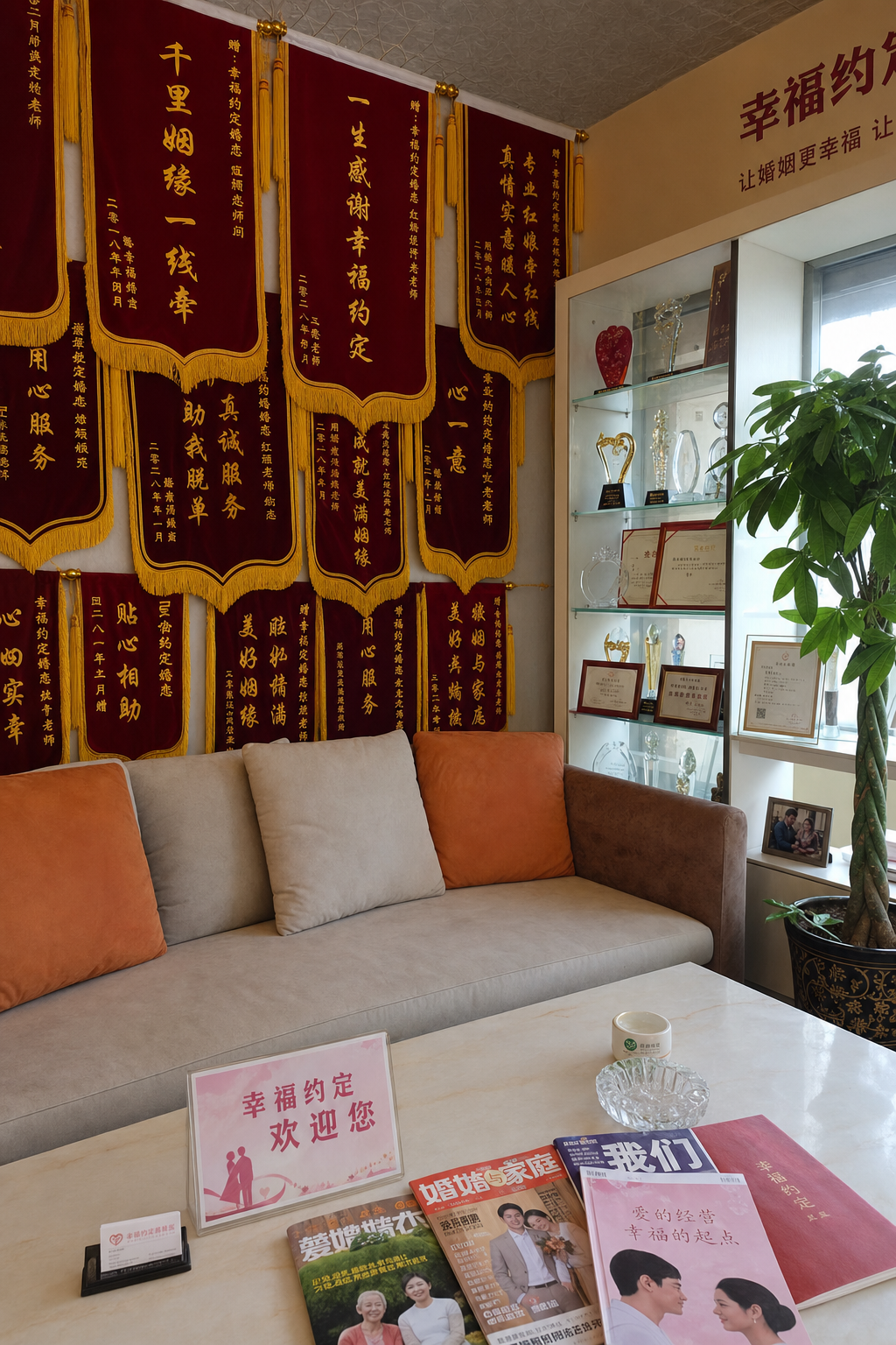 幸福约定办公区 - 客户锦旗与荣誉展示